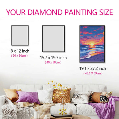 Size guide of Neon Beach canvas with full drill round setup for DIY hobbyists.