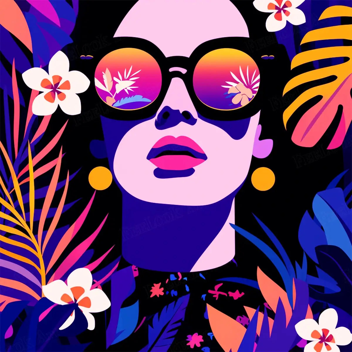 Neon Reflections full drill 5D diamond painting kit with tropical pop art portrait and sunglasses - FEELOOK Art