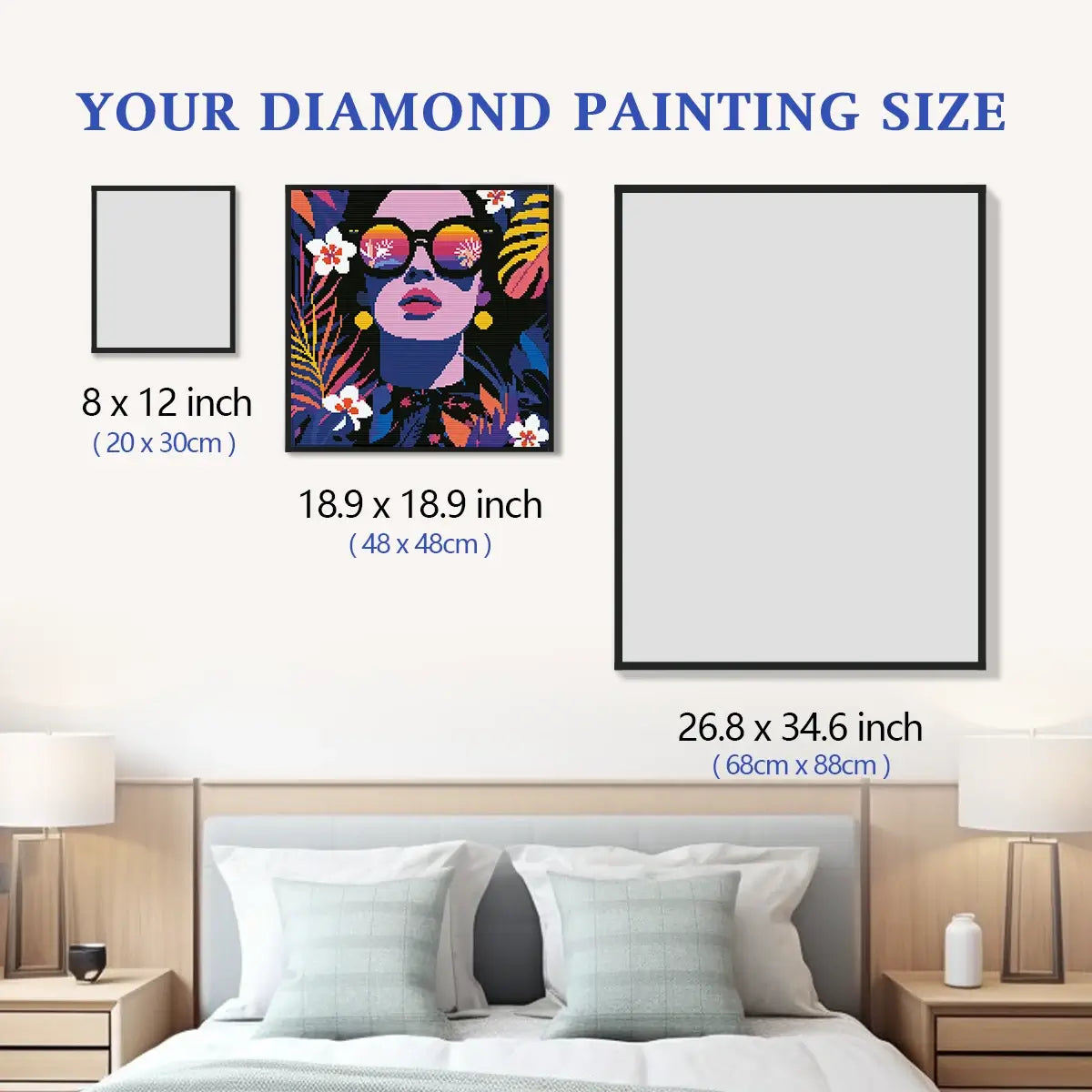 Neon Reflections 5D diamond painting size chart showing tropical pop art portrait scale for wall decor - FEELOOK Art
