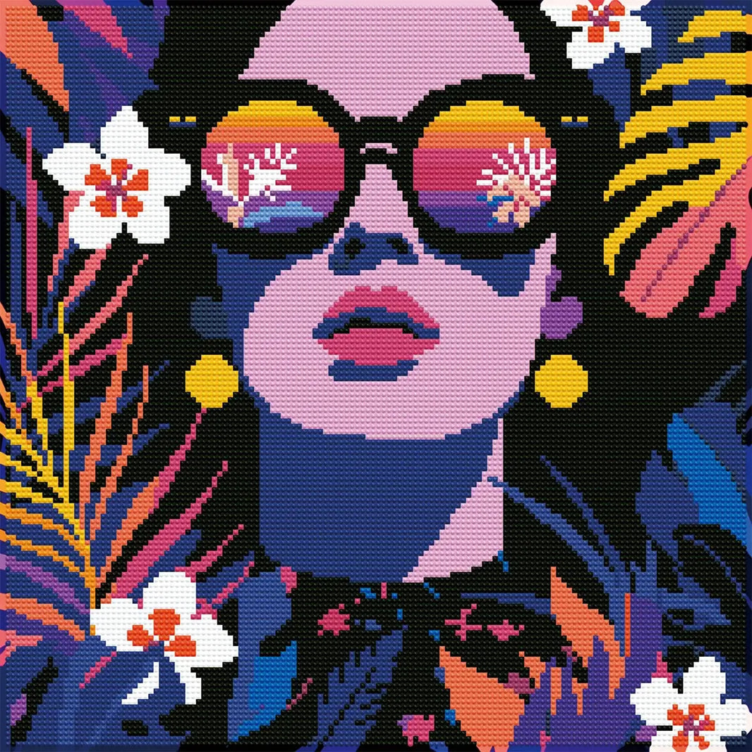 Finished Neon Reflections diamond painting with AB drills, neon tropical leaves and bold pop art colors - FEELOOK Art