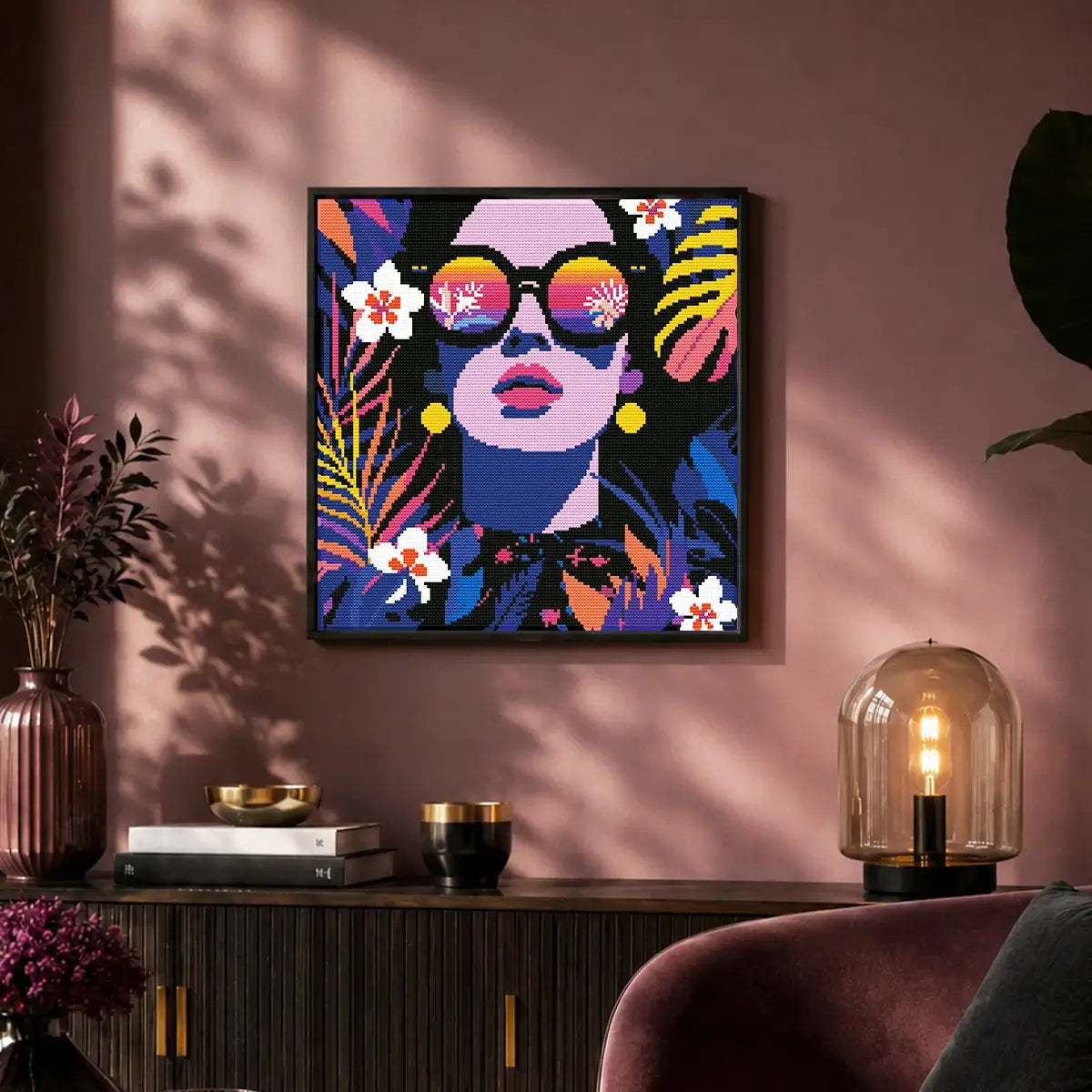 Neon Reflections diamond painting displayed as vibrant tropical pop art wall decor for a bright room - FEELOOK Art