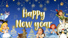 A New Year–themed image with a blue background, featuring fairy tale characters as decorations in the lower half, New Year festive elements in the upper half, and large “Happy New Year” text in the center – FEELOOK Art