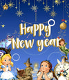 A New Year–themed image with a blue background, featuring fairy tale characters as decorations in the lower half, New Year festive elements in the upper half, and large “Happy New Year” text in the center – FEELOOK Art