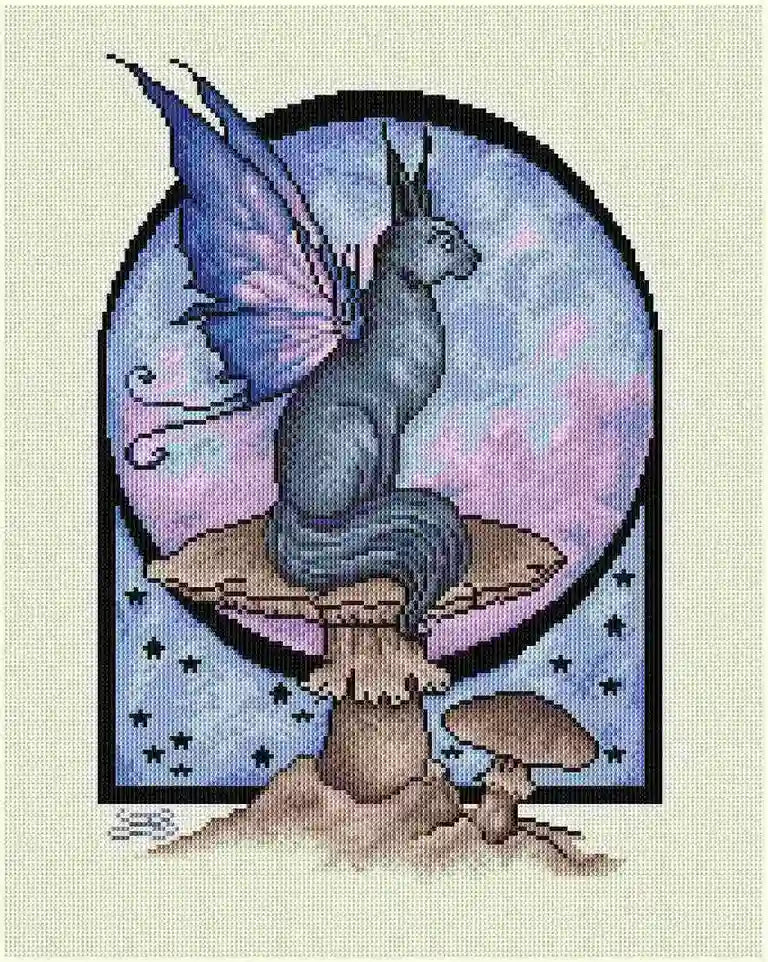 Finished Night Kitty diamond art with sparkling accents and elegant wing details – FEELOOK Art