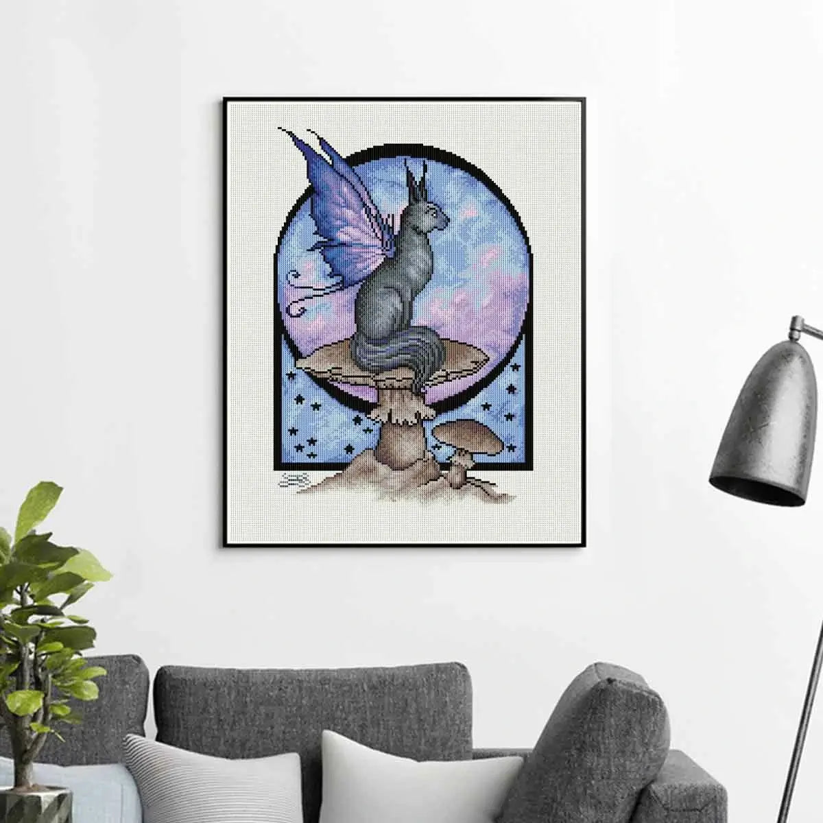 Fantasy-inspired display of Night Kitty diamond art with a starry night theme – FEELOOK Art