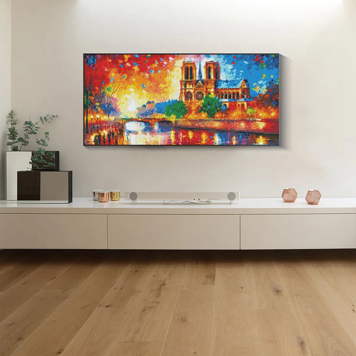 Paris Eiffel Tower diamond painting displayed in minimalist home.
