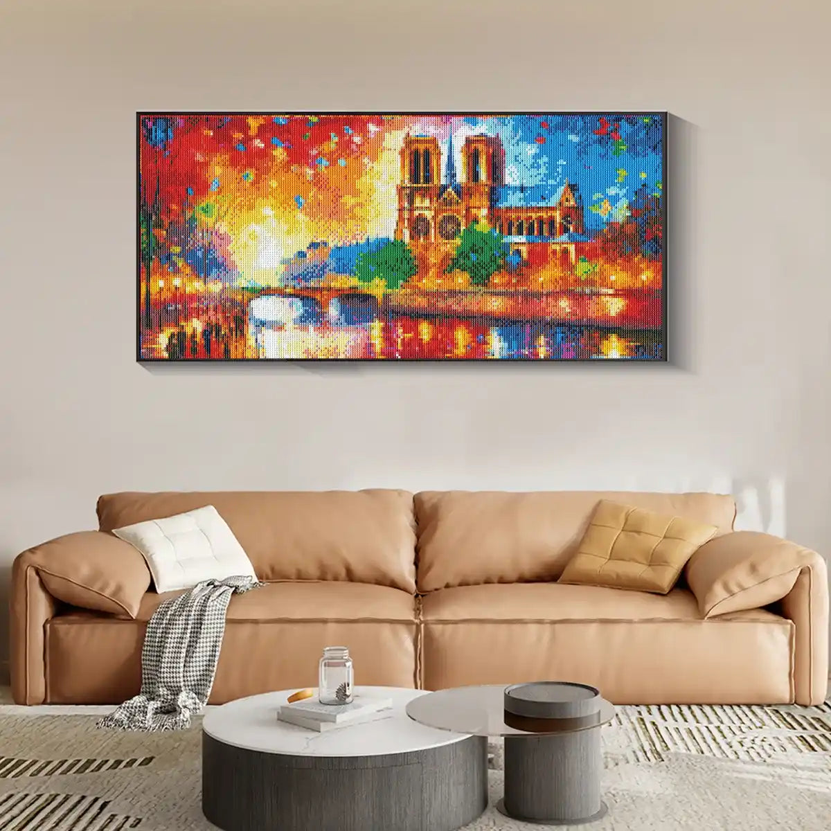 Scenic Eiffel Tower artwork framed on modern wall in urban apartment.