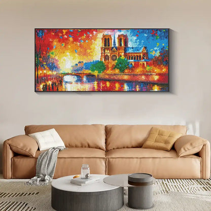 Scenic Eiffel Tower artwork framed on modern wall in urban apartment.