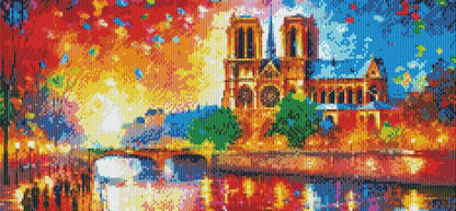 Finished DIY diamond painting of Eiffel Tower from distance under soft skies.