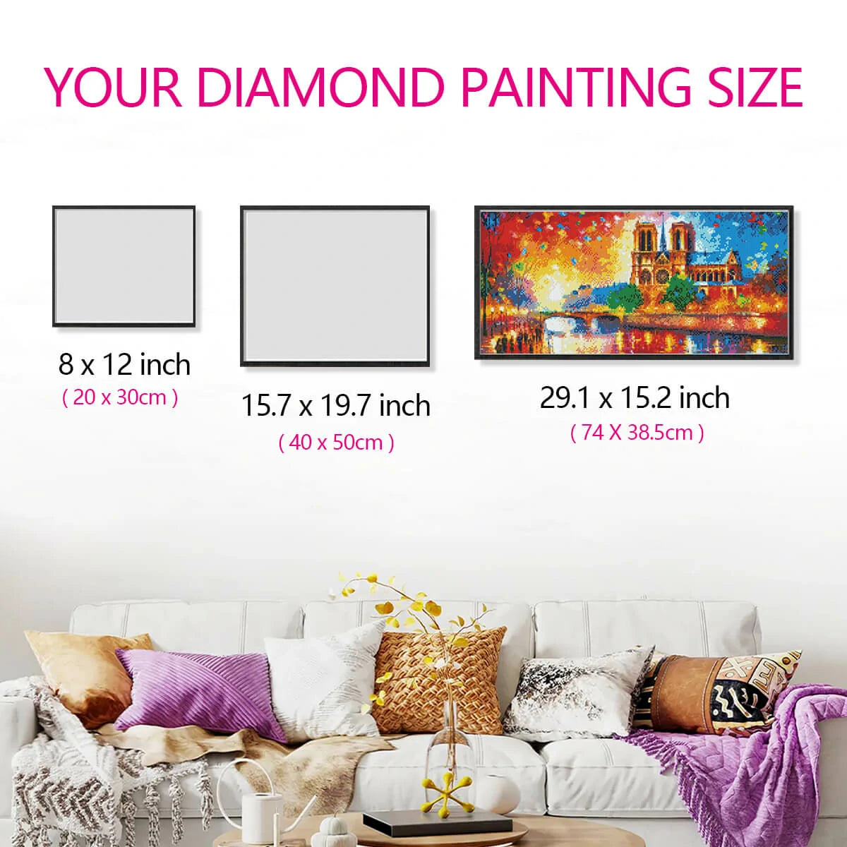 Size guide showing Eiffel Tower canvas dimensions held by hand.