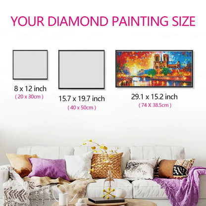 Size guide showing Eiffel Tower canvas dimensions held by hand.