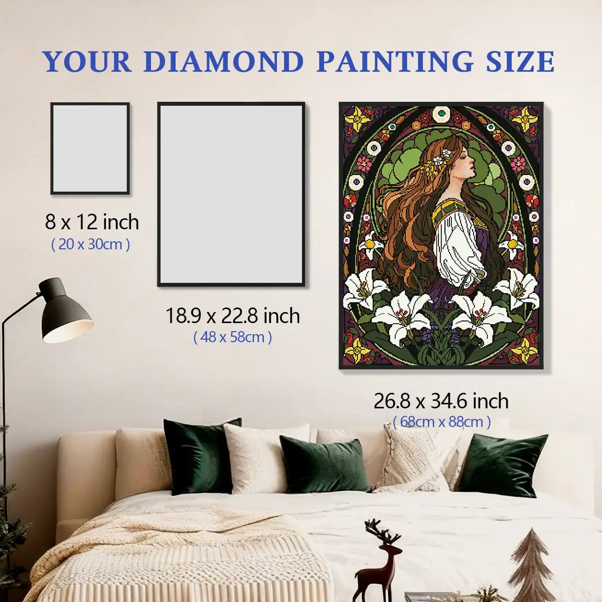 Nouveau Lily Maiden 5D diamond painting size chart showing Art Nouveau floral maiden artwork scale - FEELOOK Art