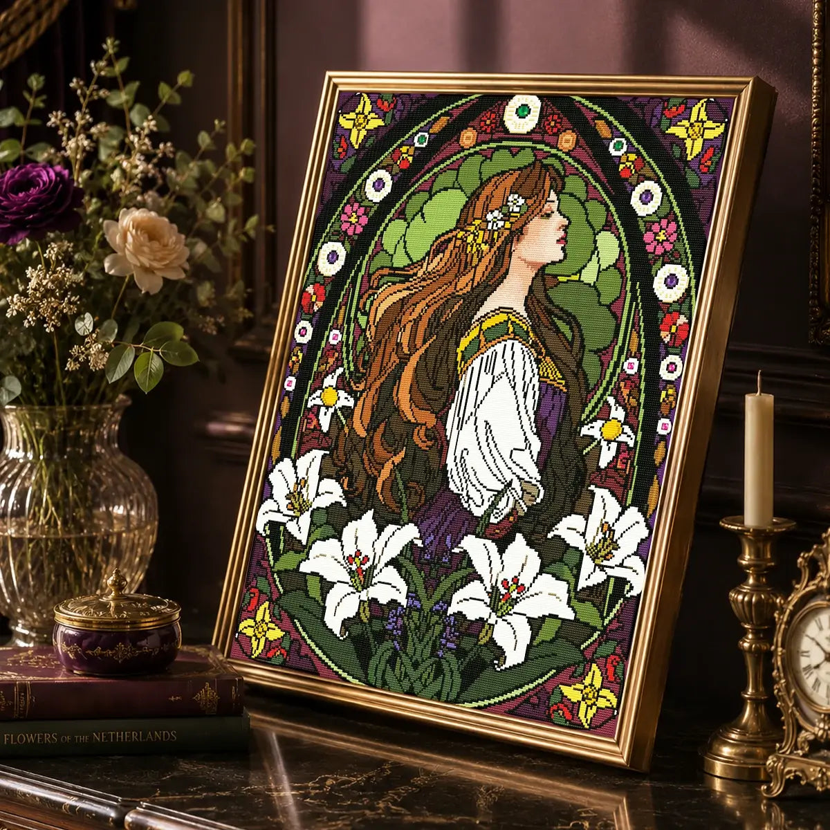 Nouveau Lily Maiden diamond art kit styled for relaxing craft time with resin drills and Special Drills - FEELOOK Art