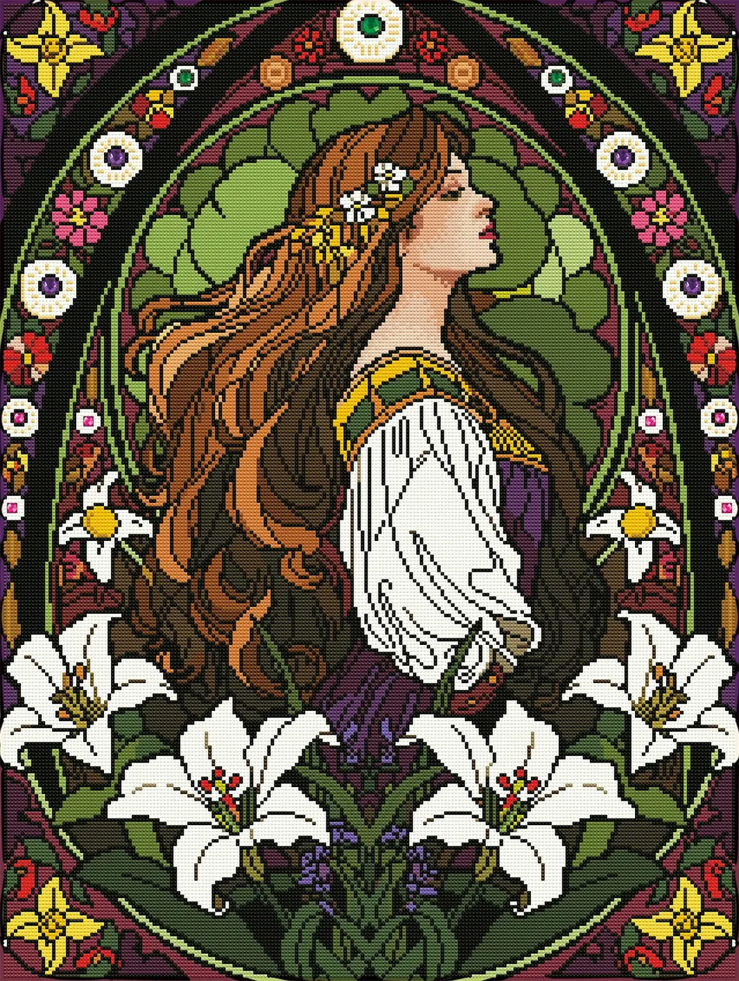 Finished Nouveau Lily Maiden diamond painting with lilies, stained glass arches and gem-like Special Drills - FEELOOK Art