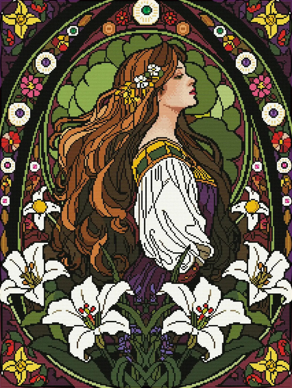 Finished Nouveau Lily Maiden diamond painting with lilies, stained glass arches and gem-like Special Drills - FEELOOK Art