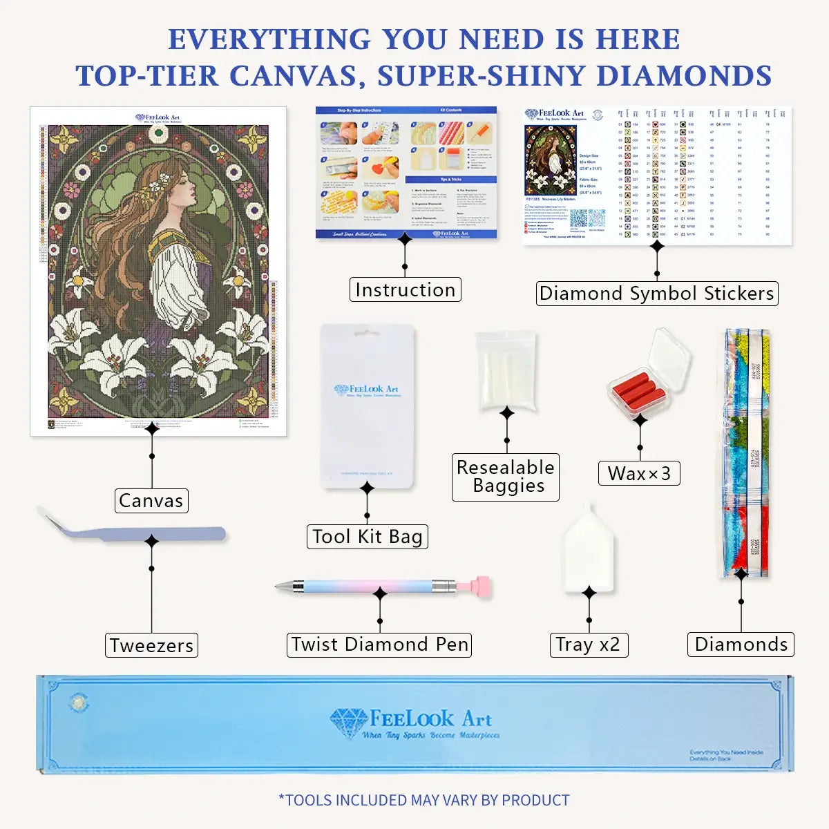 Nouveau Lily Maiden diamond painting kit with full drill canvas, resin drills, four Special Drills and tools - FEELOOK Art