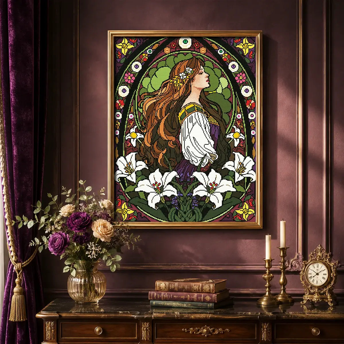 Nouveau Lily Maiden diamond painting displayed as romantic Art Nouveau lily wall decor - FEELOOK Art