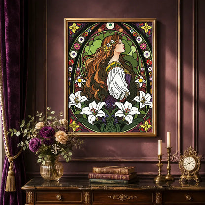 Nouveau Lily Maiden diamond painting displayed as romantic Art Nouveau lily wall decor - FEELOOK Art