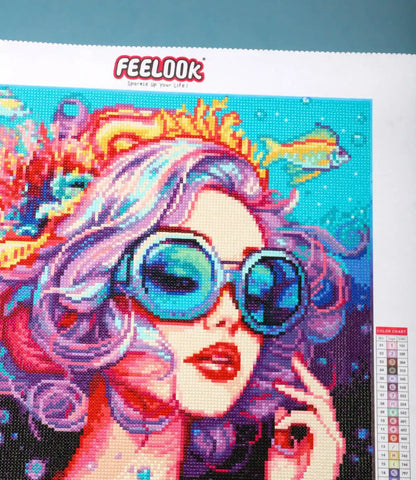 Close-up of Ocean Girl’s face and hair details in diamond art.