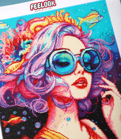 Sparkling detail of sea elements in Ocean Girl diamond painting.