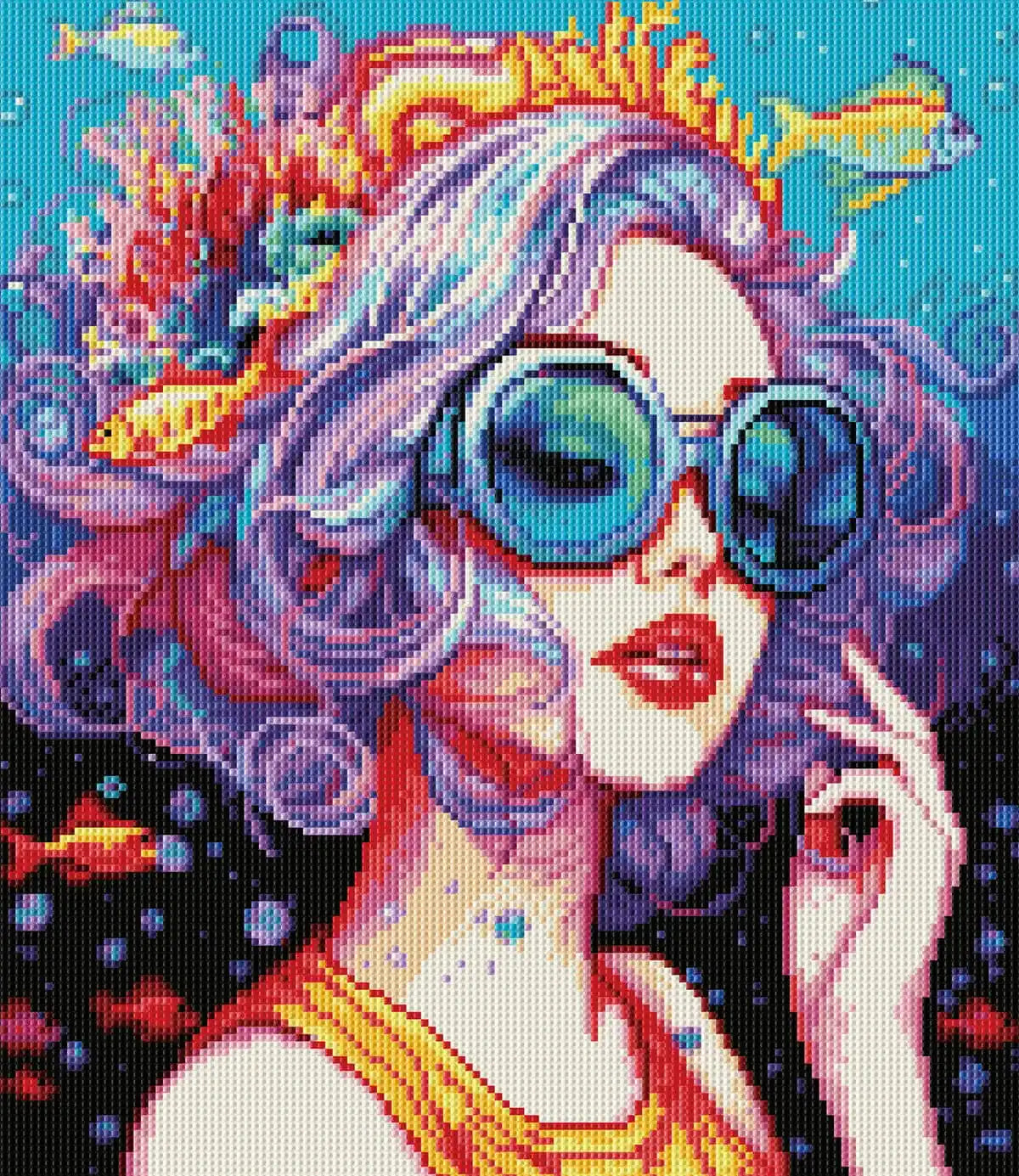 Rendered Ocean Girl diamond art with flowing hair and ocean colors.