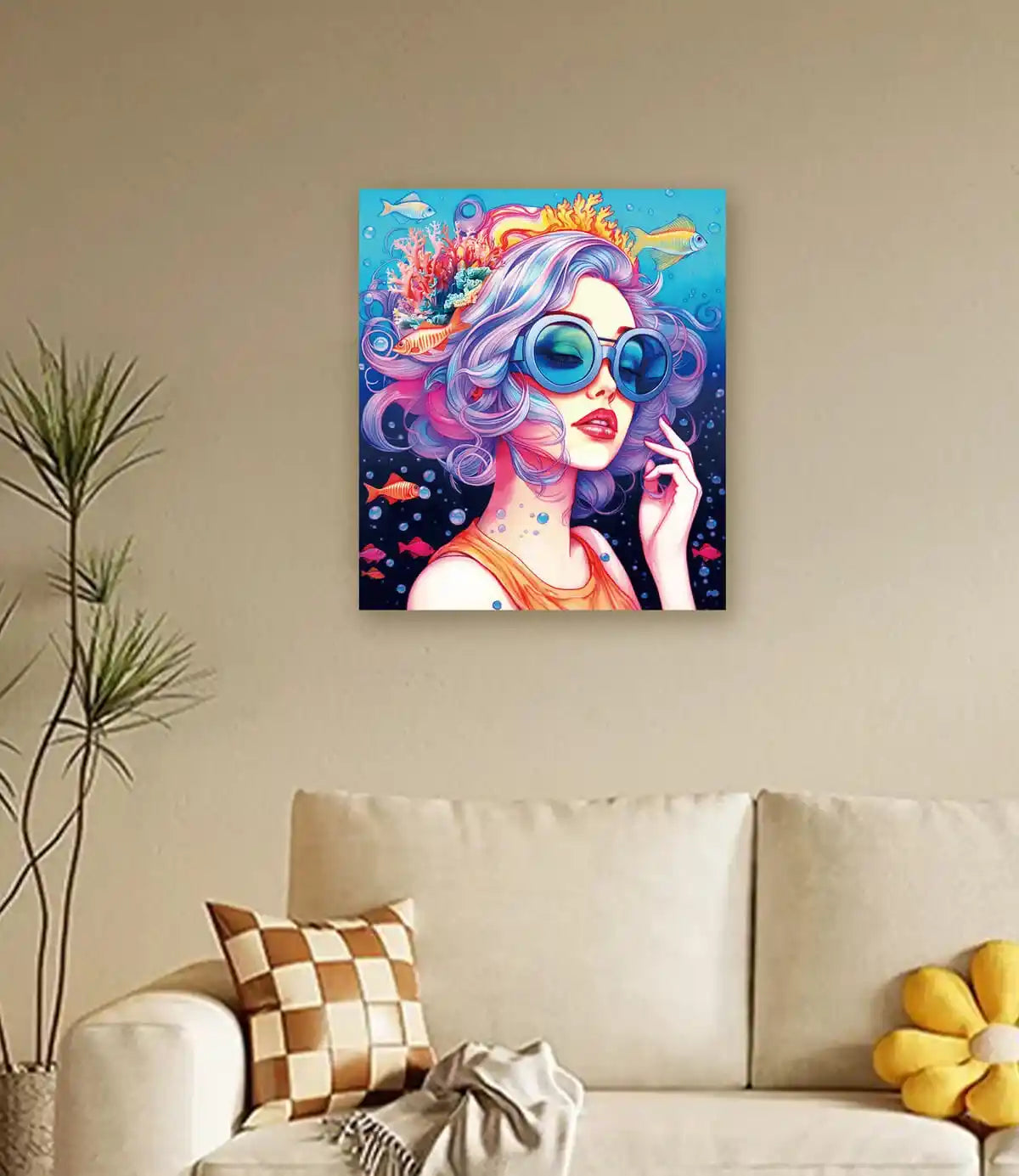 Diamond art of Ocean Girl displayed in a serene coastal-style room.