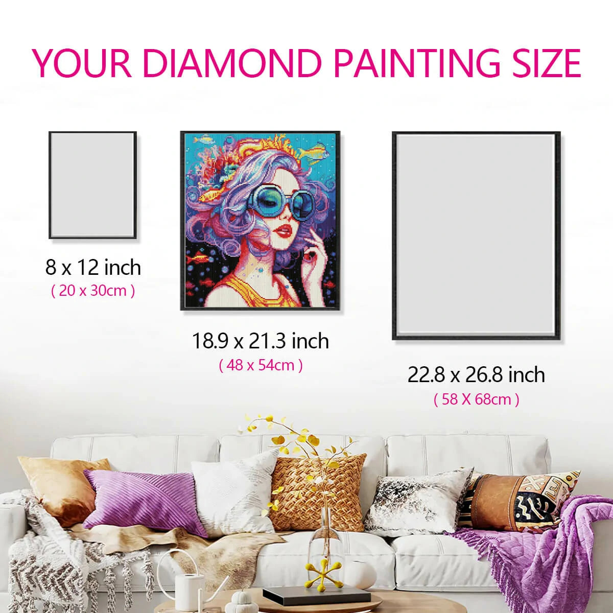 Size guide for Ocean Girl diamond art in a room wall display.