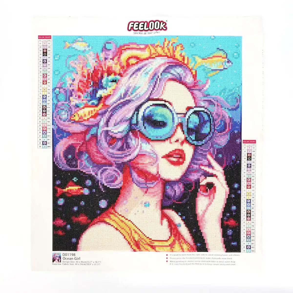 Ocean Girl diamond painting with dreamy sea theme, flowing hair and vibrant ocean colors - FEELOOK Art