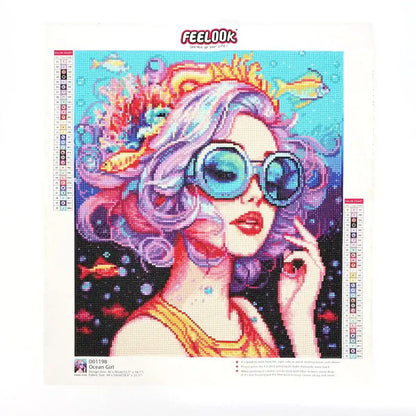 Ocean Girl diamond painting with dreamy sea theme, flowing hair and vibrant ocean colors - FEELOOK Art