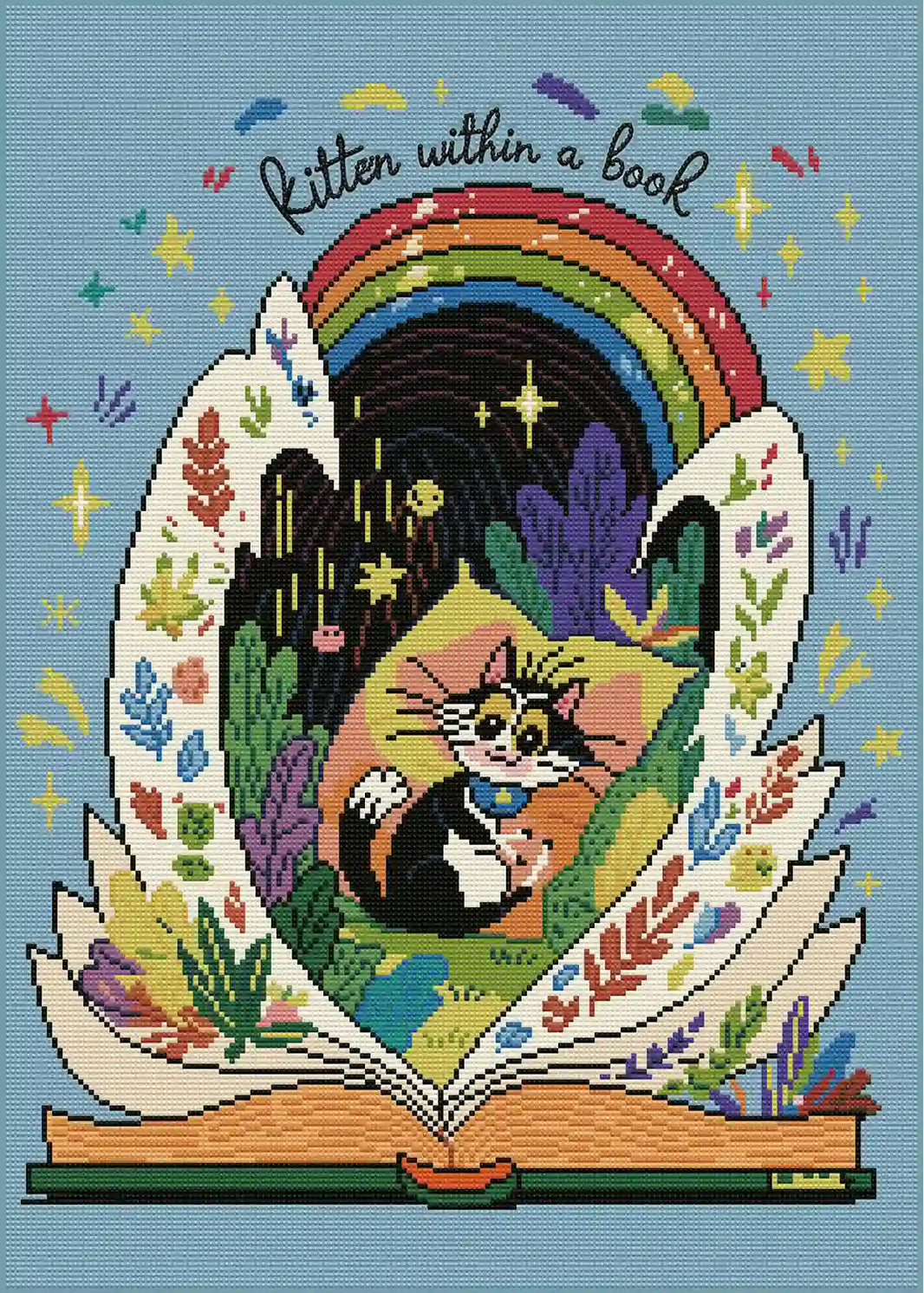 Finished Page Kitten diamond painting, sparkling book cat rainbow fairy tale art - FEELOOK Art