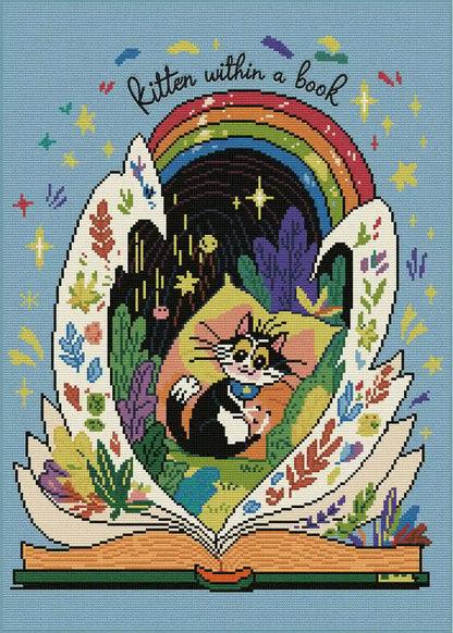 Finished Page Kitten diamond painting, sparkling book cat rainbow fairy tale art - FEELOOK Art