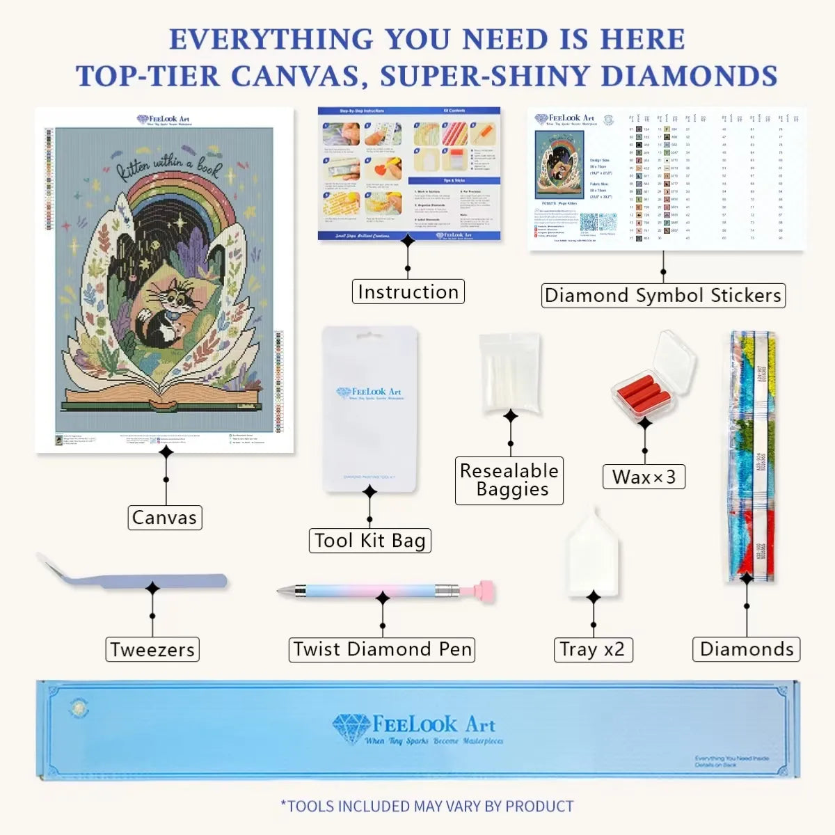 Page Kitten diamond painting kit contents, complete DIY diamond art supplies - FEELOOK Art