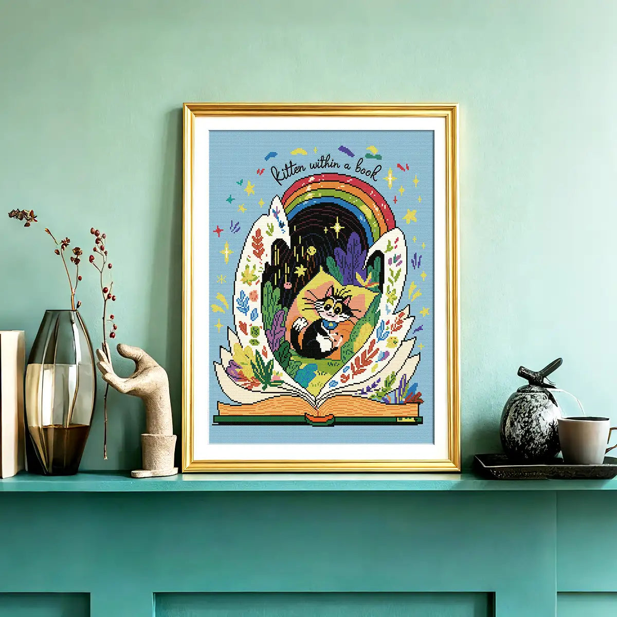Page Kitten diamond painting lifestyle scene, cozy home decor with book cat art - FEELOOK Art