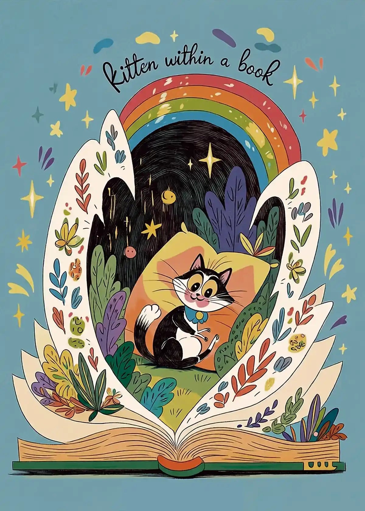 Page Kitten diamond painting main design, book-shaped cat with rainbow fairy tale artwork - FEELOOK Art