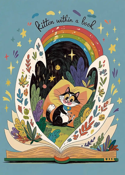 Page Kitten diamond painting main design, book-shaped cat with rainbow fairy tale artwork - FEELOOK Art