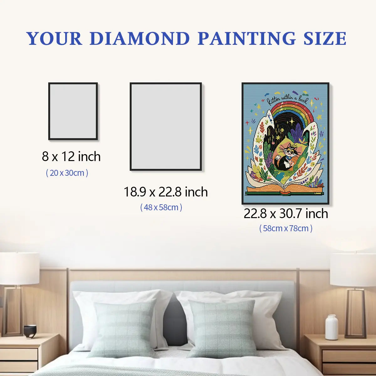 Page Kitten diamond painting size comparison chart, standard and custom size reference for DIY craft - FEELOOK Art