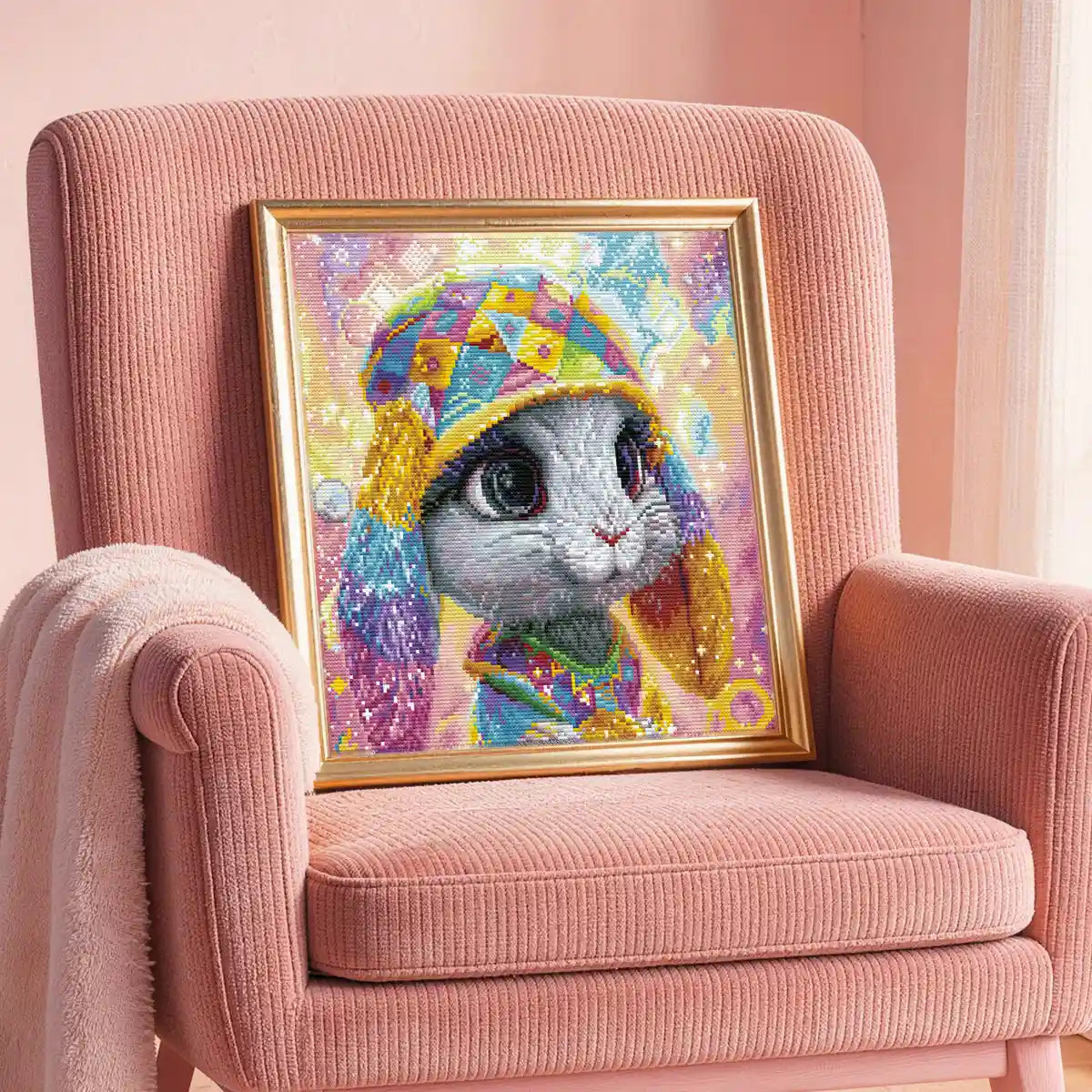 Pastel Hare diamond painting decorating cozy bedroom wall - FEELOOK Art
