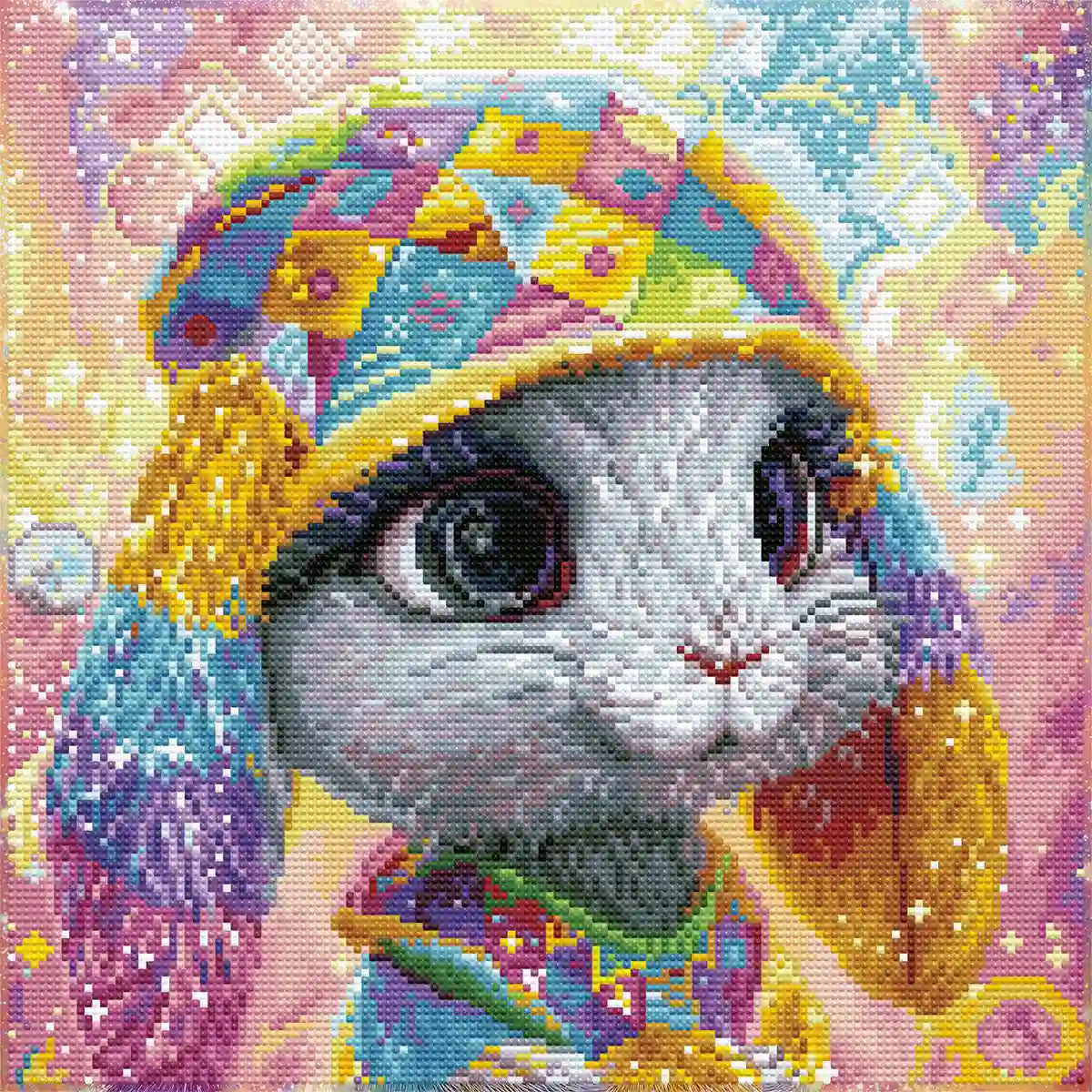 Pastel Hare diamond painting finished sparkling close-up effect of colorful patchwork hare - FEELOOK Art