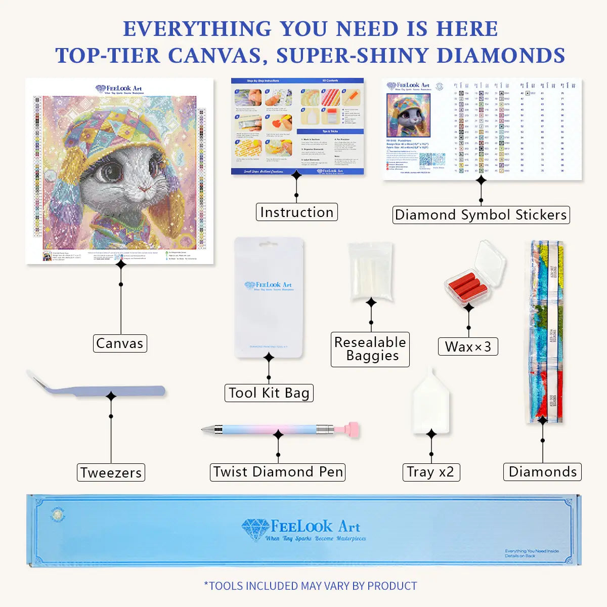 Complete Pastel Hare diamond painting kit with canvas, diamonds and tools - FEELOOK Art