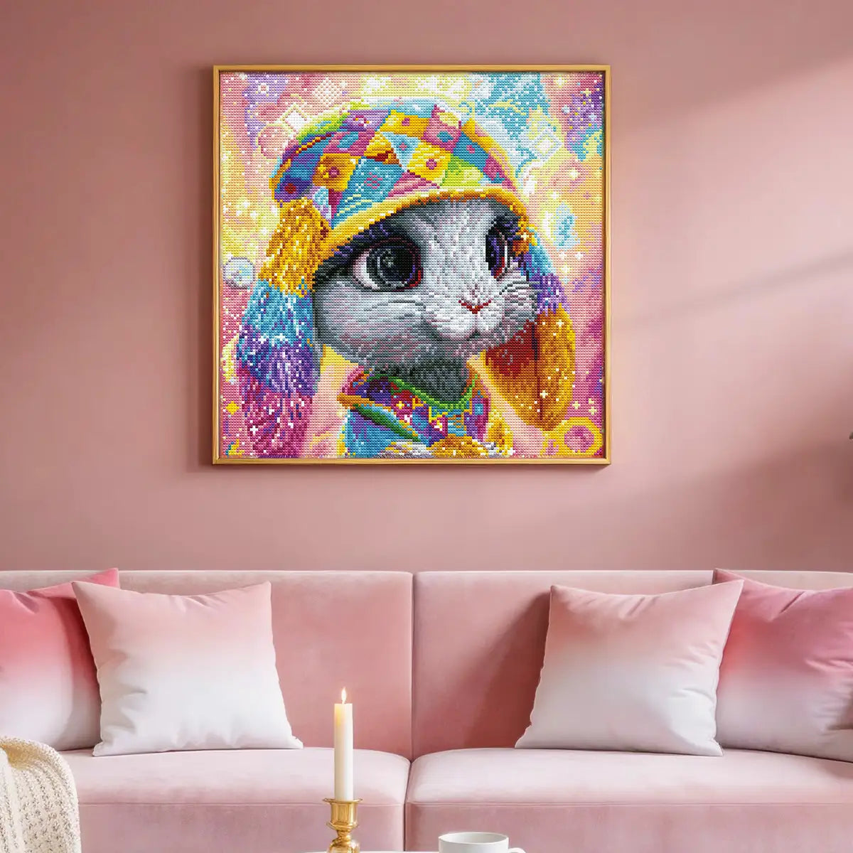 Pastel Hare diamond painting as vibrant living room wall decor - FEELOOK Art