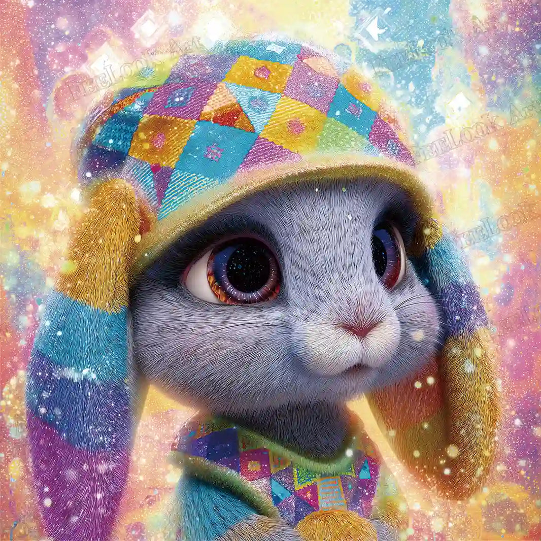 Cute pastel-colored hare in patchwork hat and outfit, cosmic glitter background diamond painting - FEELOOK Art