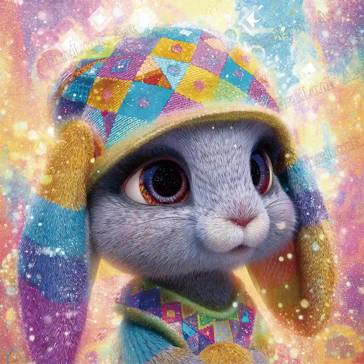 Cute pastel-colored hare in patchwork hat and outfit, cosmic glitter background diamond painting - FEELOOK Art
