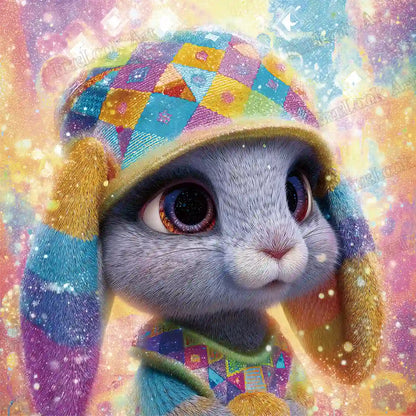 Cute pastel-colored hare in patchwork hat and outfit, cosmic glitter background diamond painting - FEELOOK Art