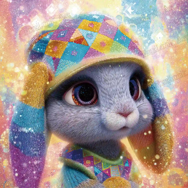 Cute pastel-colored hare in patchwork hat and outfit, cosmic glitter background diamond painting - FEELOOK Art