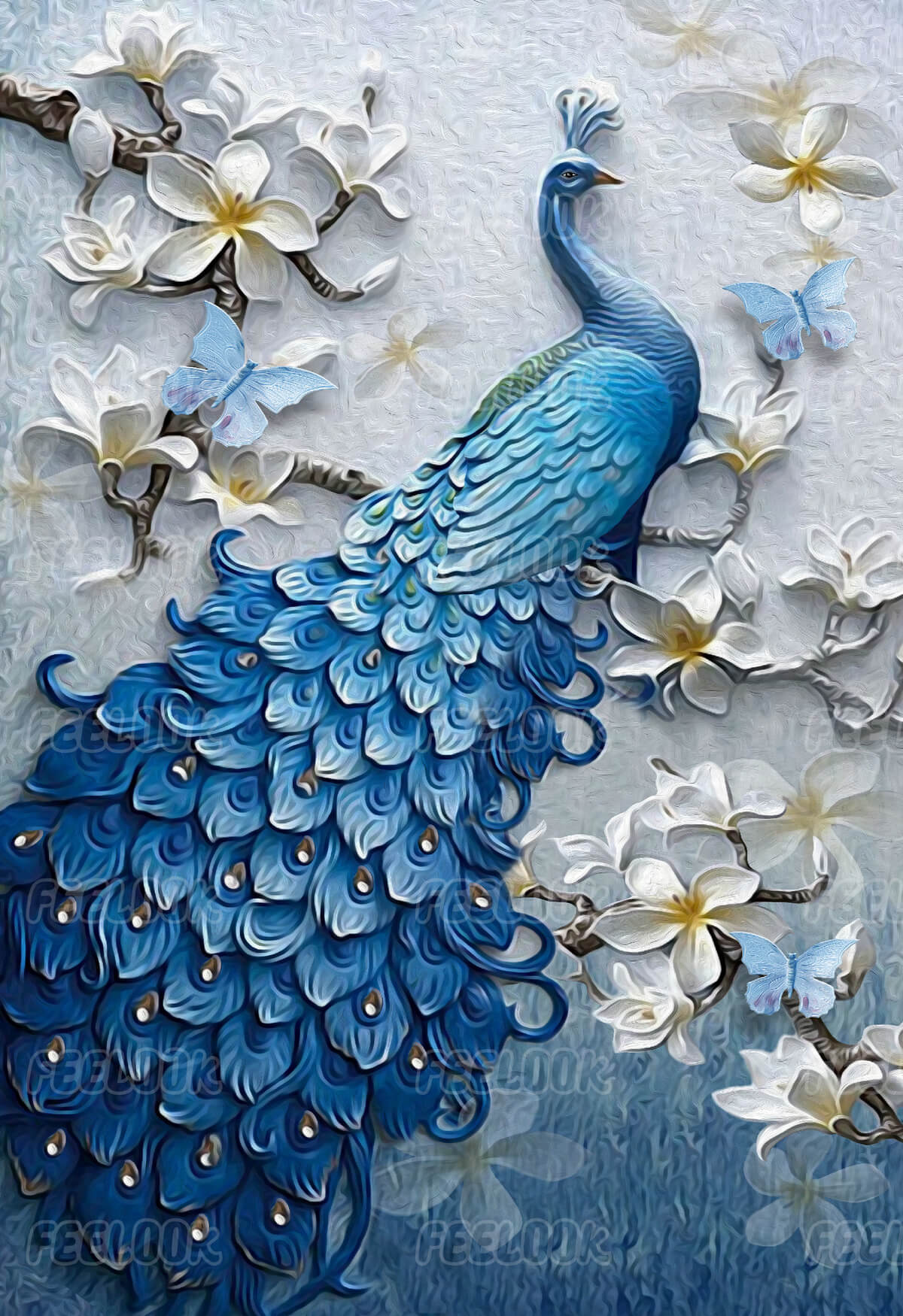 Peacock diamond painting kit, showcasing the elegant peacock design with vibrant diamond painting gems that reflect beauty and grace.