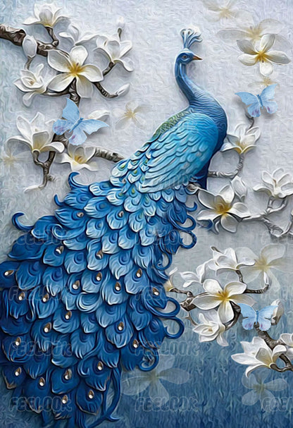 Peacock diamond painting kit, showcasing the elegant peacock design with vibrant diamond painting gems that reflect beauty and grace.