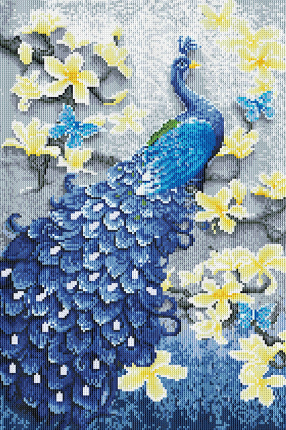 Rendered view of the Peacock diamond painting kit, highlighting the vibrant peacock design and diamond painting gems capturing its stunning details.