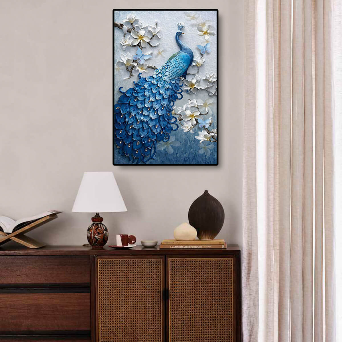 Peacock diamond painting kit displayed in a room, showcasing the vivid peacock design with sparkling diamond painting gems that light up the space.
