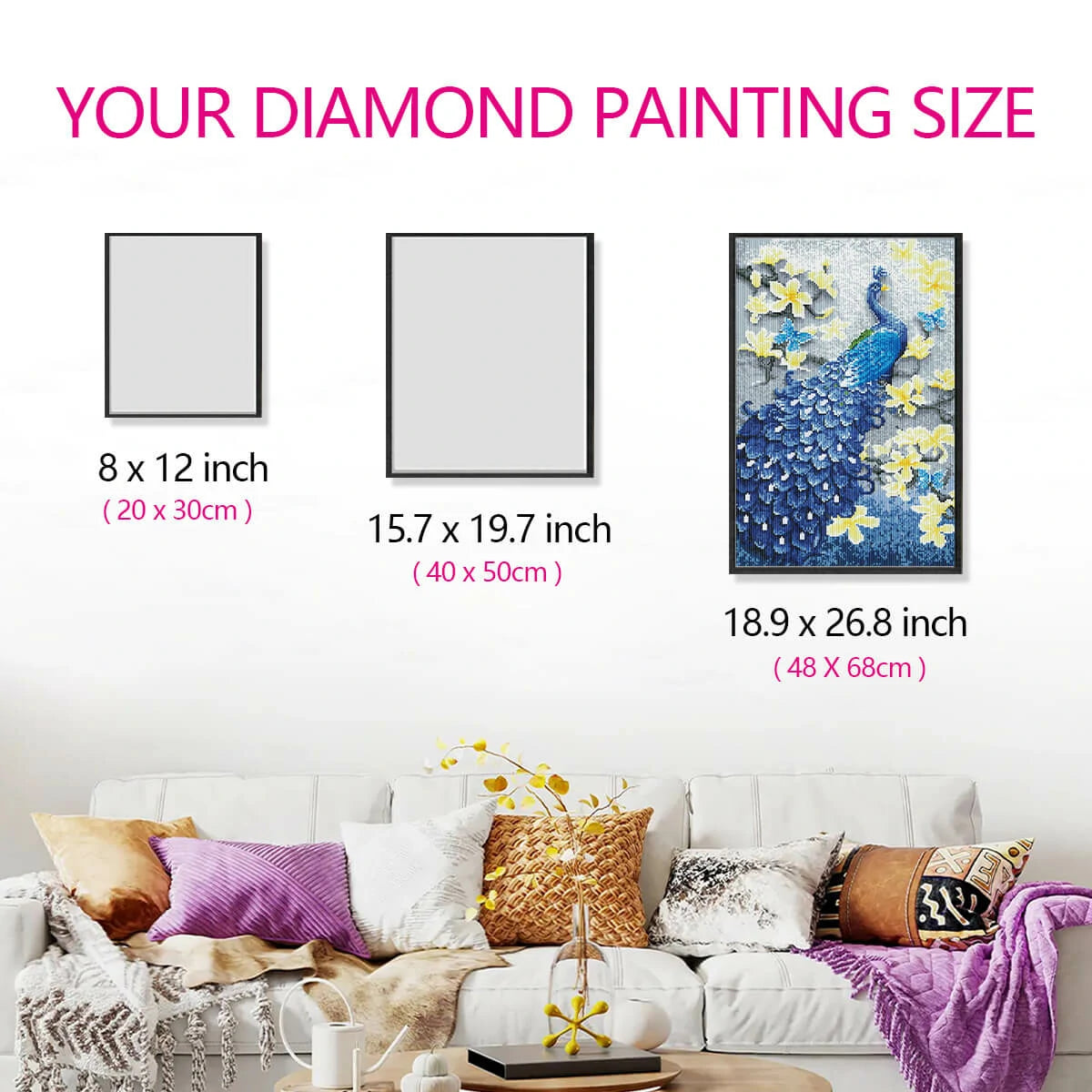 Size comparison for Peacock diamond painting kit, showing how the artwork fits beautifully within a room and enhances the decor with diamond art designs.
