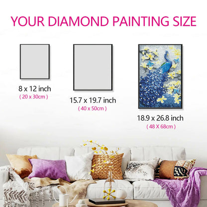 Size comparison for Peacock diamond painting kit, showing how the artwork fits beautifully within a room and enhances the decor with diamond art designs.